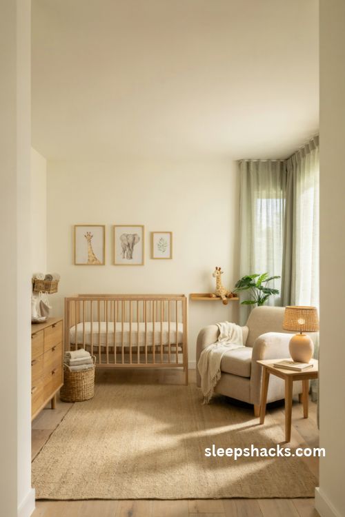 Baby boy nursery with neutral safari animal prints natural wood crib and earthy decor