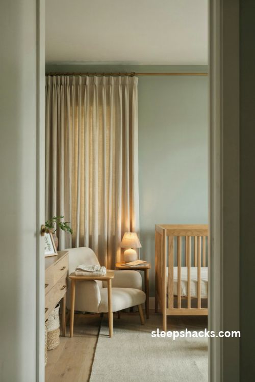 Baby boy nursery with oatmeal blackout curtains sage green walls and natural wood crib