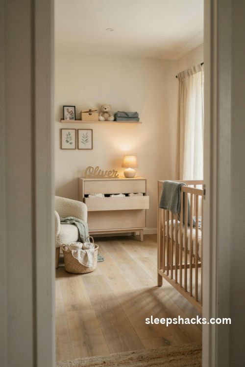 Baby boy nursery with personalized wooden name sign keepsake shelf and cozy neutral decor