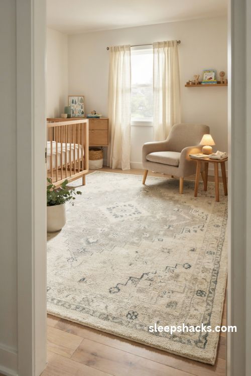 Baby boy nursery with plush washable ivory rug natural wood crib and soft blue accents
