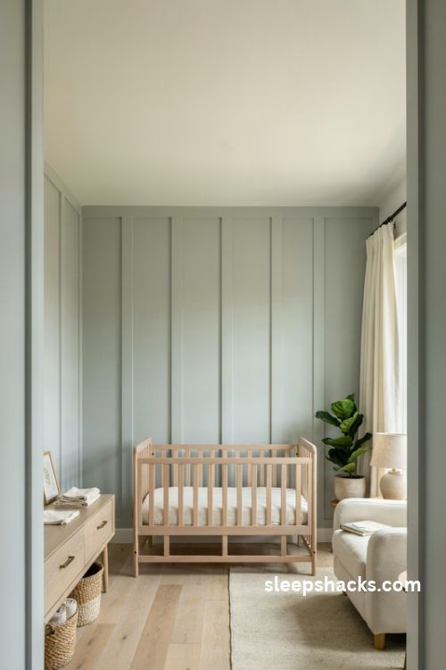 Baby boy nursery with sage green board and batten walls natural wood crib and cream decor