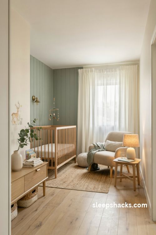 Baby boy nursery with sage green walls natural wood crib and cozy neutral decor