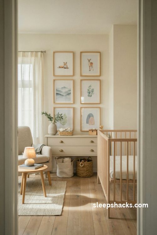 Baby boy nursery with soft animal print gallery wall natural wood frames and neutral decor