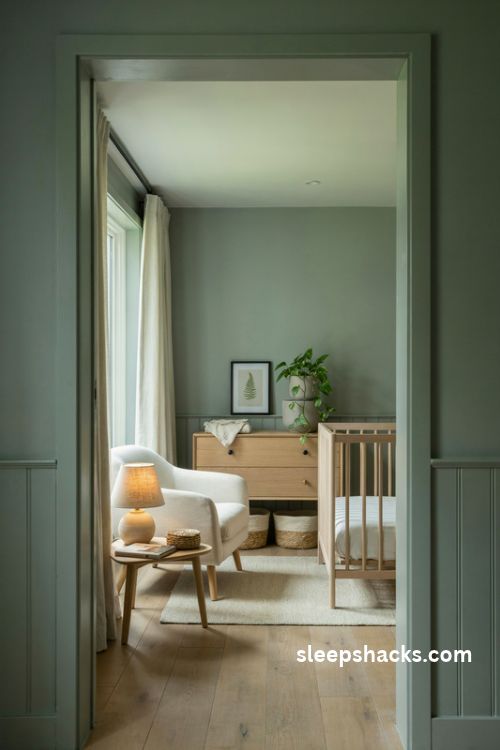 Baby boy nursery with soft sage green walls light wood crib and cream curtains