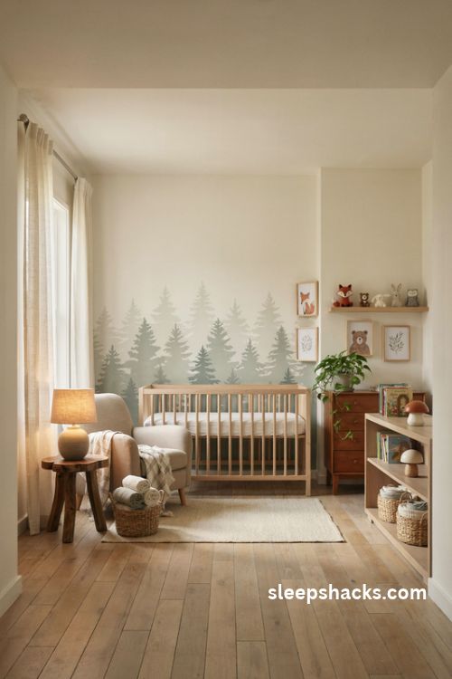 Baby boy nursery with woodland forest mural pine trees and cozy rustic decor