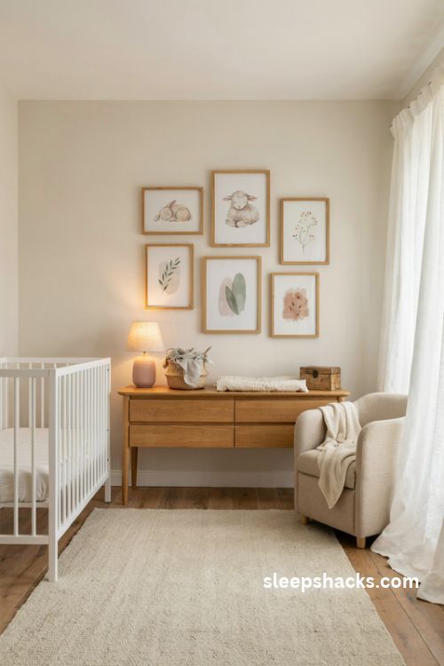 Baby girl nursery gallery wall with soft animal prints florals and natural wood frames