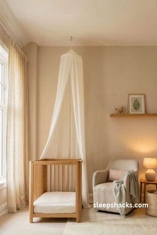 Baby girl nursery with a dreamy ivory canopy above a natural wood crib and soft blush accents