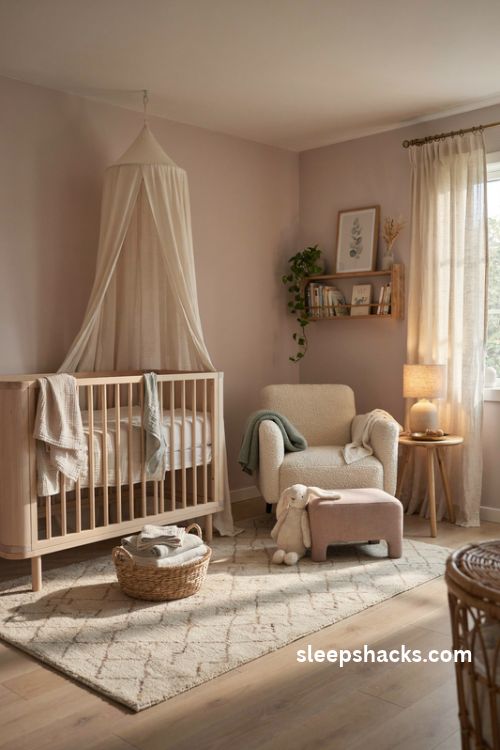 Baby girl nursery with soft blush walls sage green accents and cozy natural textures