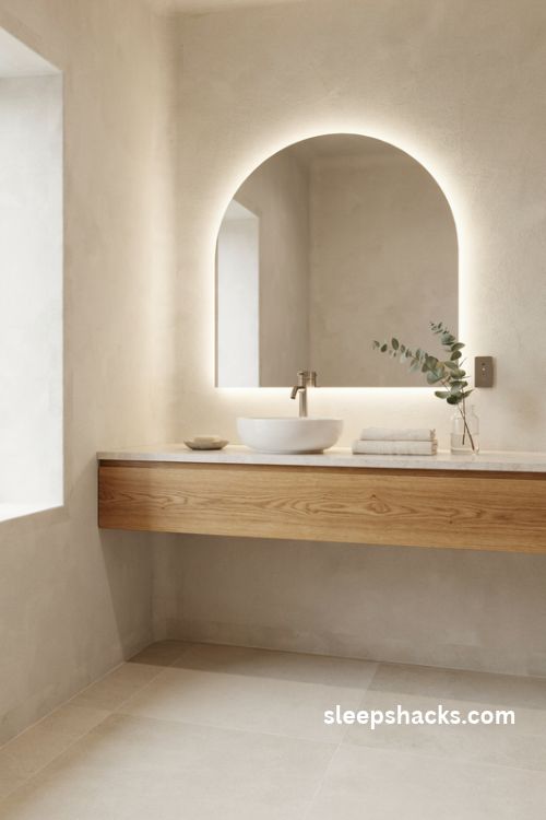 Backlit LED bathroom mirror with elegant arched design floating oak vanity and soft hotel style lighting