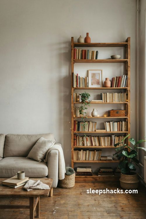 Backlit bookshelf with warm white fairy lights and vintage books in a cozy small apartment living room