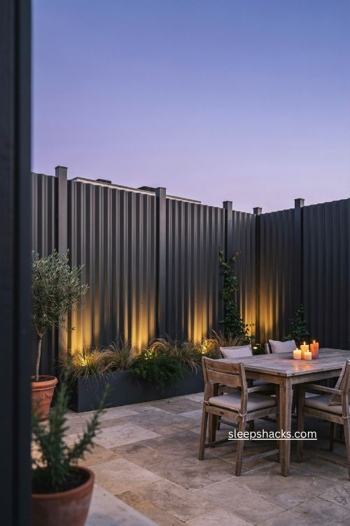 Backlit corrugated metal fence with warm LED glow for cozy evening backyard lighting