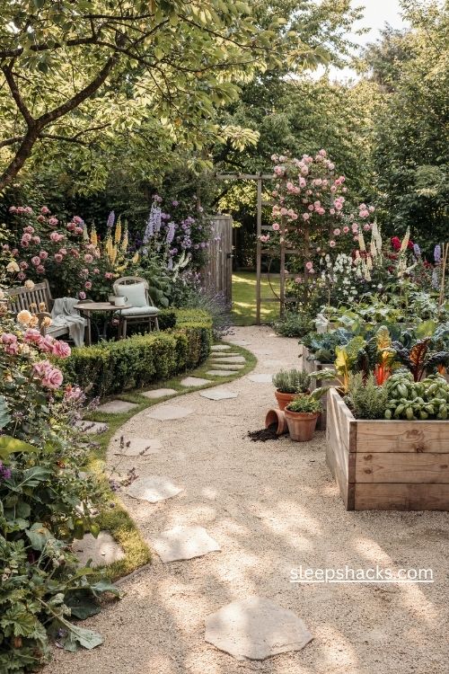 Backyard garden rooms with a cozy seating corner vegetable patch and flower borders