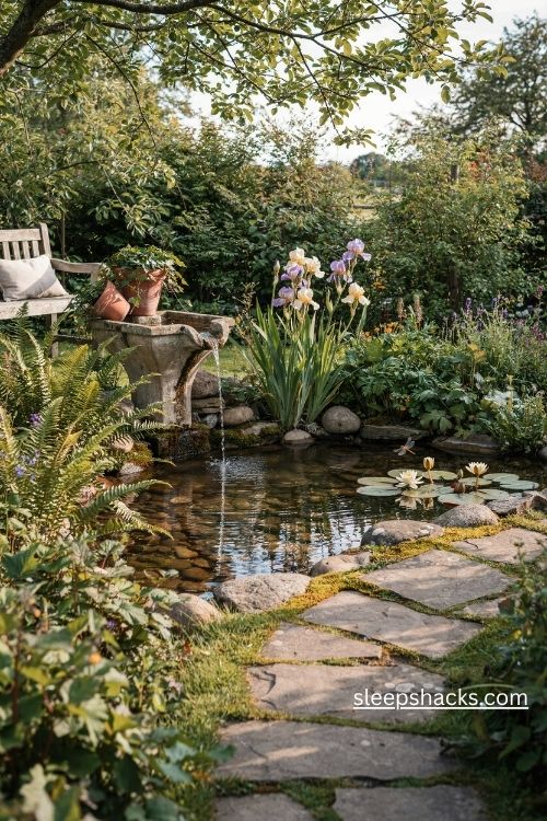 Backyard garden water feature with a rustic stone fountain water lilies and lush ferns