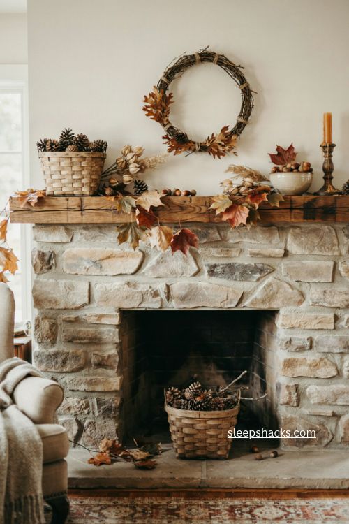 Backyard nature fall fireplace decor with pinecones branches acorns and leaves 