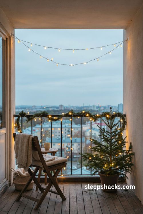Balcony Christmas lights with warm fairy lights cozy seating and city views