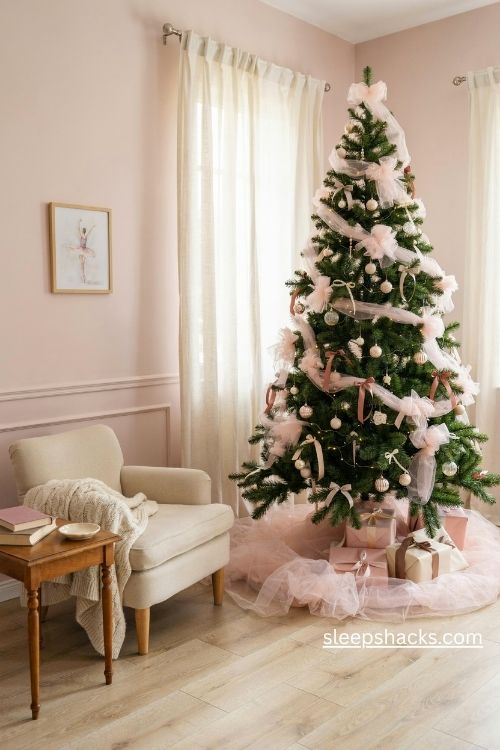 Ballerina christmas tree with pale pink tulle tutu skirt satin ribbons and pearl ornaments