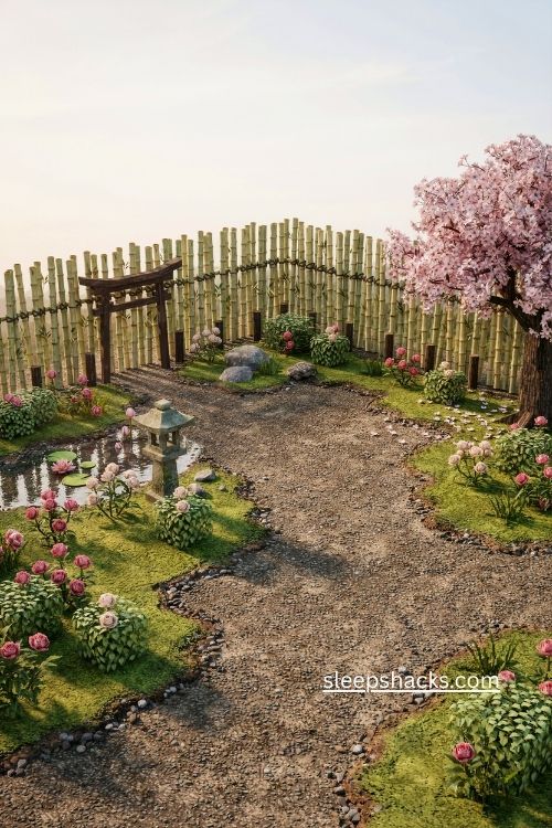 Bamboo fence Minecraft Japanese garden ideas with torii gate and pond