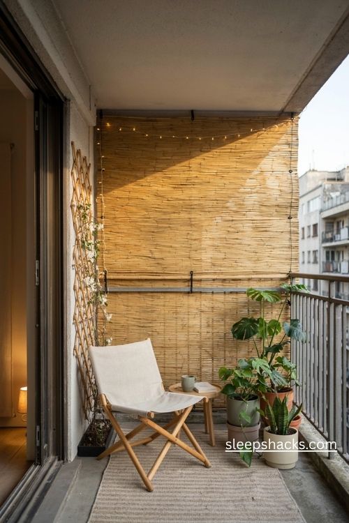 Bamboo privacy screen for a small flat balcony with natural textures climbing plants and warm string lights