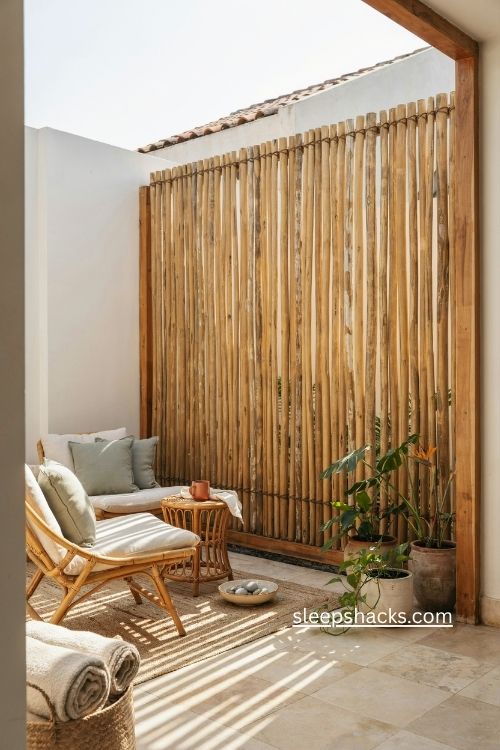 Bamboo privacy screen patio ideas with rattan furniture and potted plants