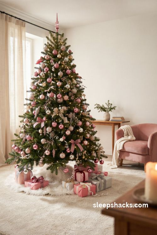 Barbie christmas tree with fluffy pink faux fur skirt and beautifully wrapped pink silver and white gifts