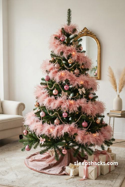 Barbie christmas tree with fluffy pink feather boa garland pearl strands and glamorous ornaments