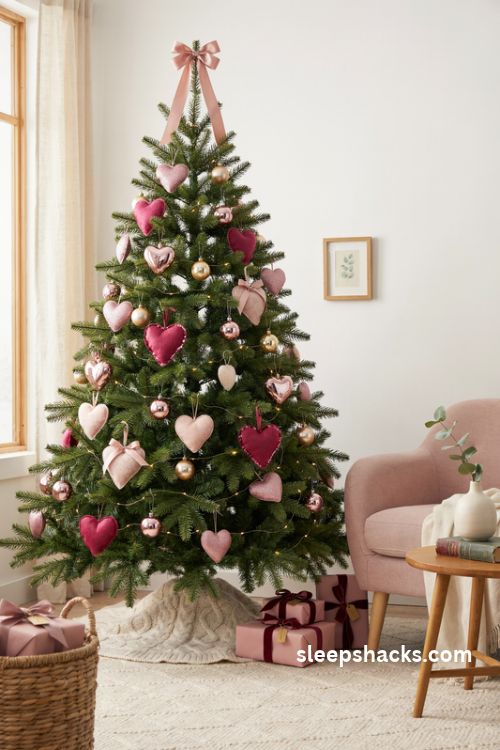 Barbie christmas tree with glitter pink heart ornaments velvet hearts and mirrored decorations