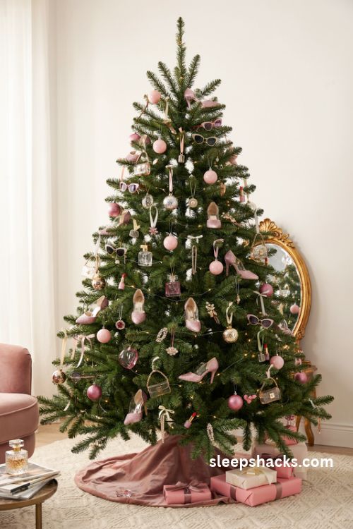 Barbie christmas tree with miniature pink high heels handbags sunglasses and perfume bottle ornaments