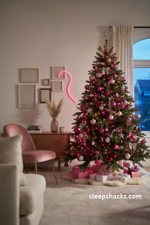 Barbie christmas tree with neon pink lights warm white fairy lights and glowing pink ornaments