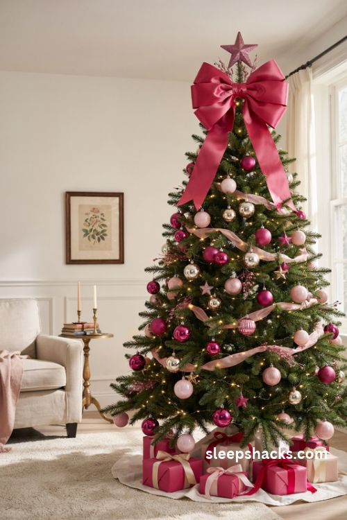 Barbie christmas tree with oversized hot pink bow topper and long flowing satin ribbon tails