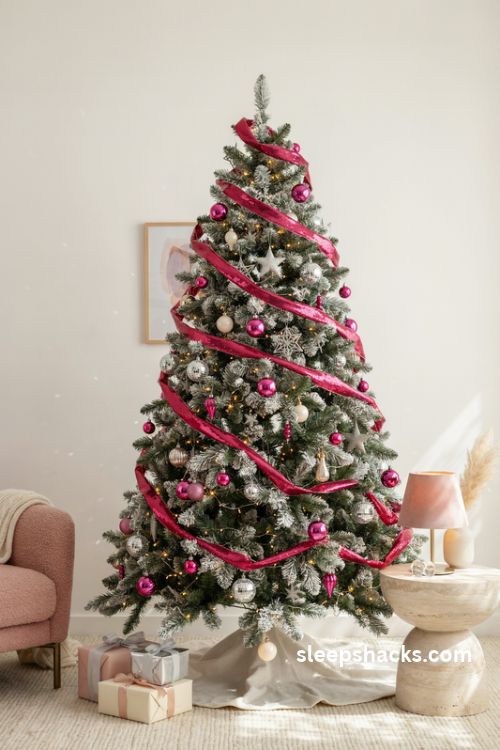 Barbie christmas tree with pink and silver sequin ribbon mirrored disco balls and sparkling lights