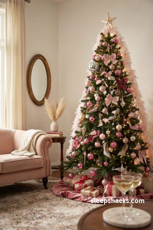 Barbie christmas tree with pink ornaments feather boa glittering heels and glamorous holiday lights