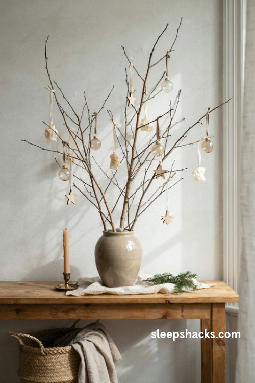 Bare birch branches in a vase decorated with delicate Christmas ornaments