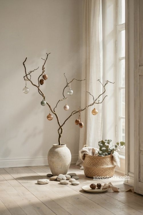 Bare branch christmas tree in vase with simple scandinavian ornaments 