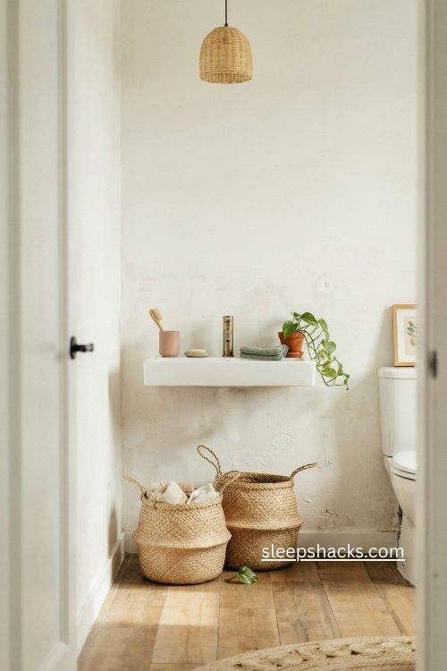 Baskets beneath floating sink boho bathroom ideas