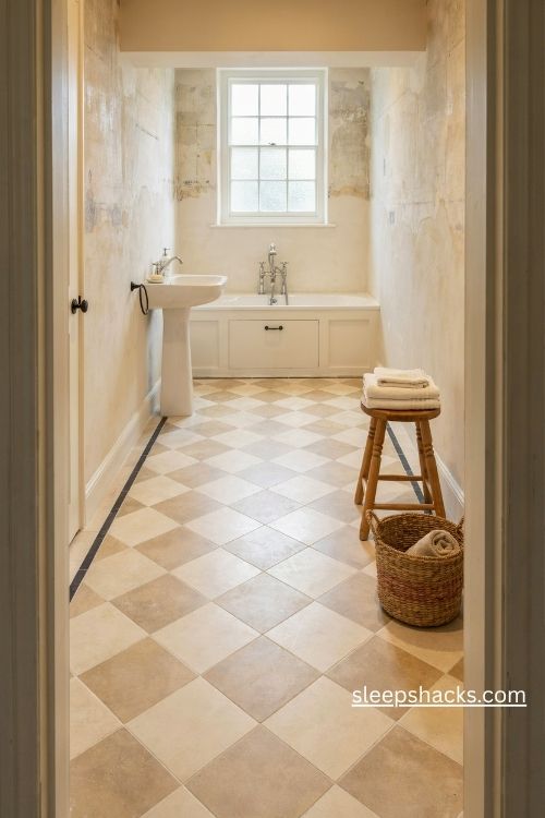 Bathroom flooring ideas with a warm diagonal checkerboard tile pattern 