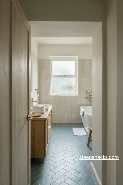 Bathroom flooring ideas with charming baby blue herringbone tiles 