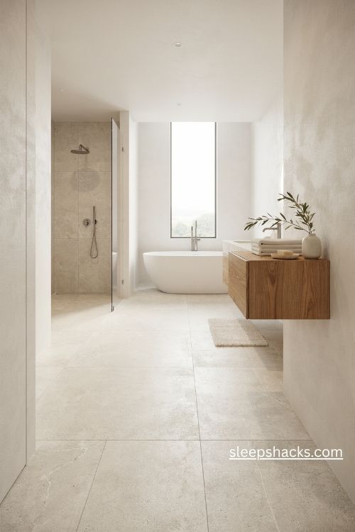 Bathroom flooring ideas with large format matte stone look tiles 