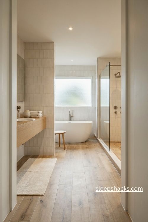 Bathroom flooring ideas with pale oak wood look porcelain planks 