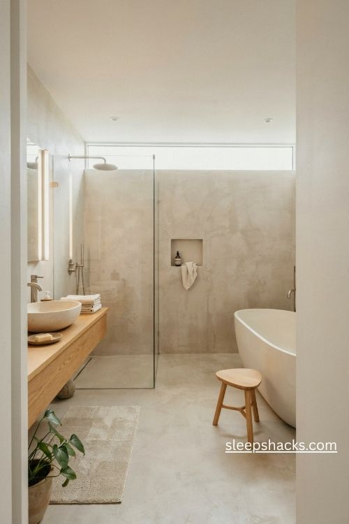 Bathroom flooring ideas with seamless warm gray microcement 