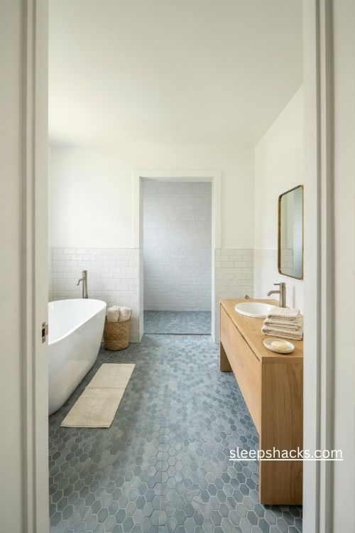 Bathroom flooring ideas with soft blue penny tile mosaics 