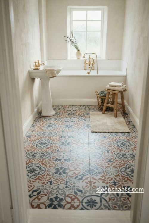 Bathroom flooring ideas with vintage patterned cement tiles 