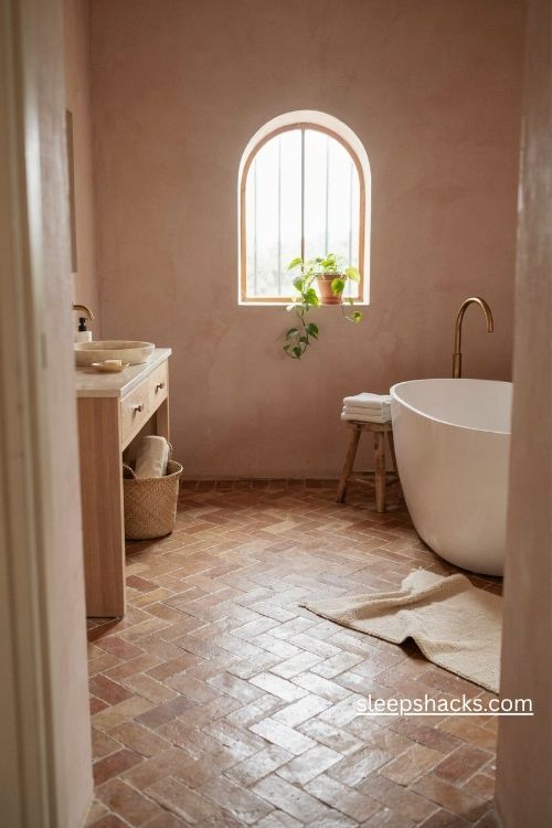 Bathroom flooring ideas with warm terracotta herringbone tiles 