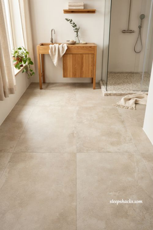 Bathroom flooring ideas with warm textured stone look tiles and a cozy natural bathroom