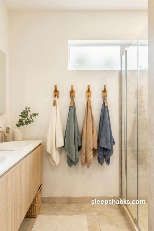 Bathroom towel hooks in a row with wooden farmhouse hooks and colorful family towels