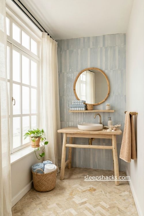 Beachy blue Bloxburg bathroom ideas with coastal stripes and light wood