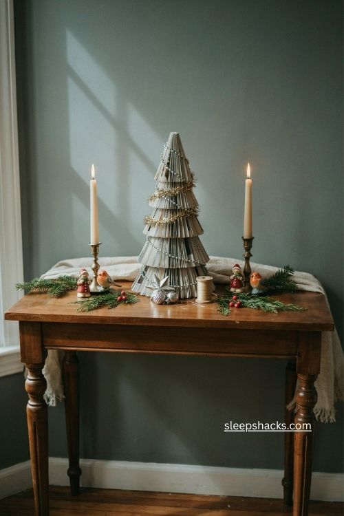 Beaded garland and handmade tinsel on a magazine christmas tree 