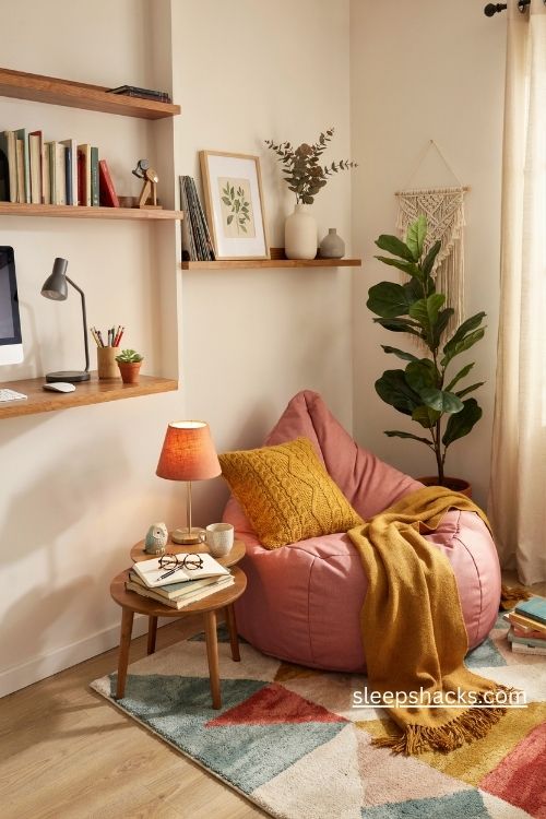 Bean bag lounge corner in a funky home office with colorful floor seating cozy throws and a reading nook 