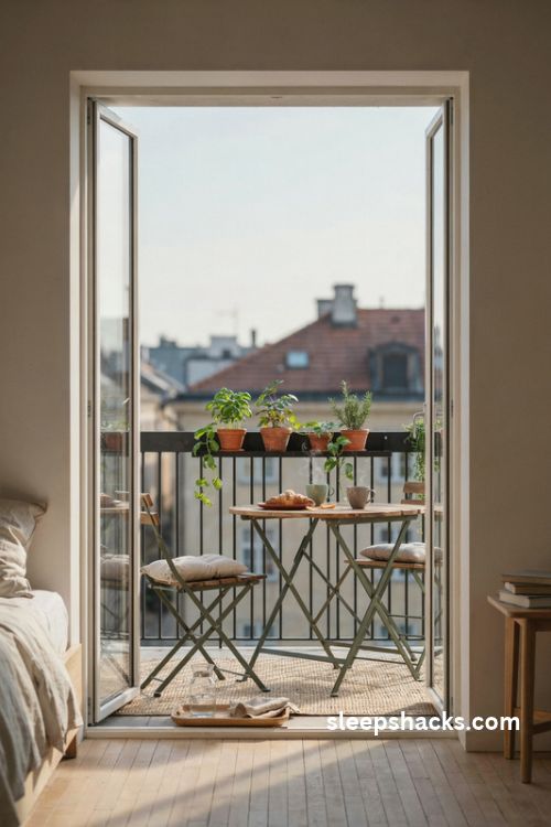 Bedroom balcony ideas with a compact bistro set for morning coffee