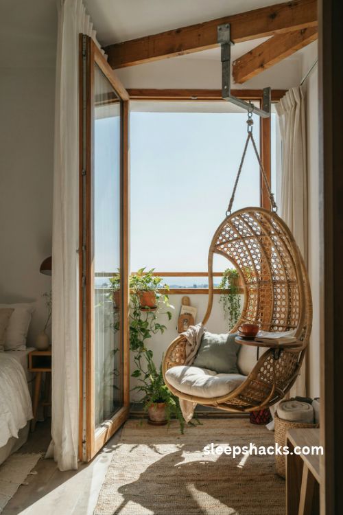 Bedroom balcony ideas with a cozy hanging swing chair and a reading nook