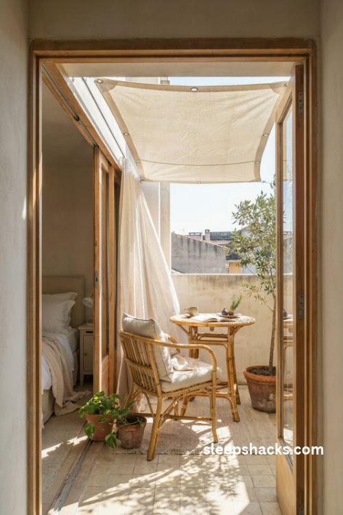 Bedroom balcony ideas with a cream shade sail and cozy outdoor seating